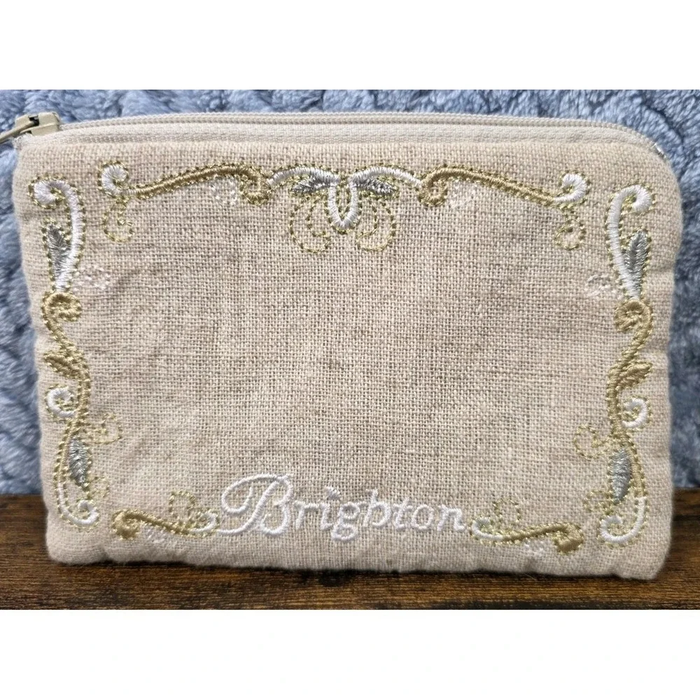 VINTAGE BRIGHTON Embroidered Padded Zip 5.5 x 4 Linen Jewelry Pouch Cabincore